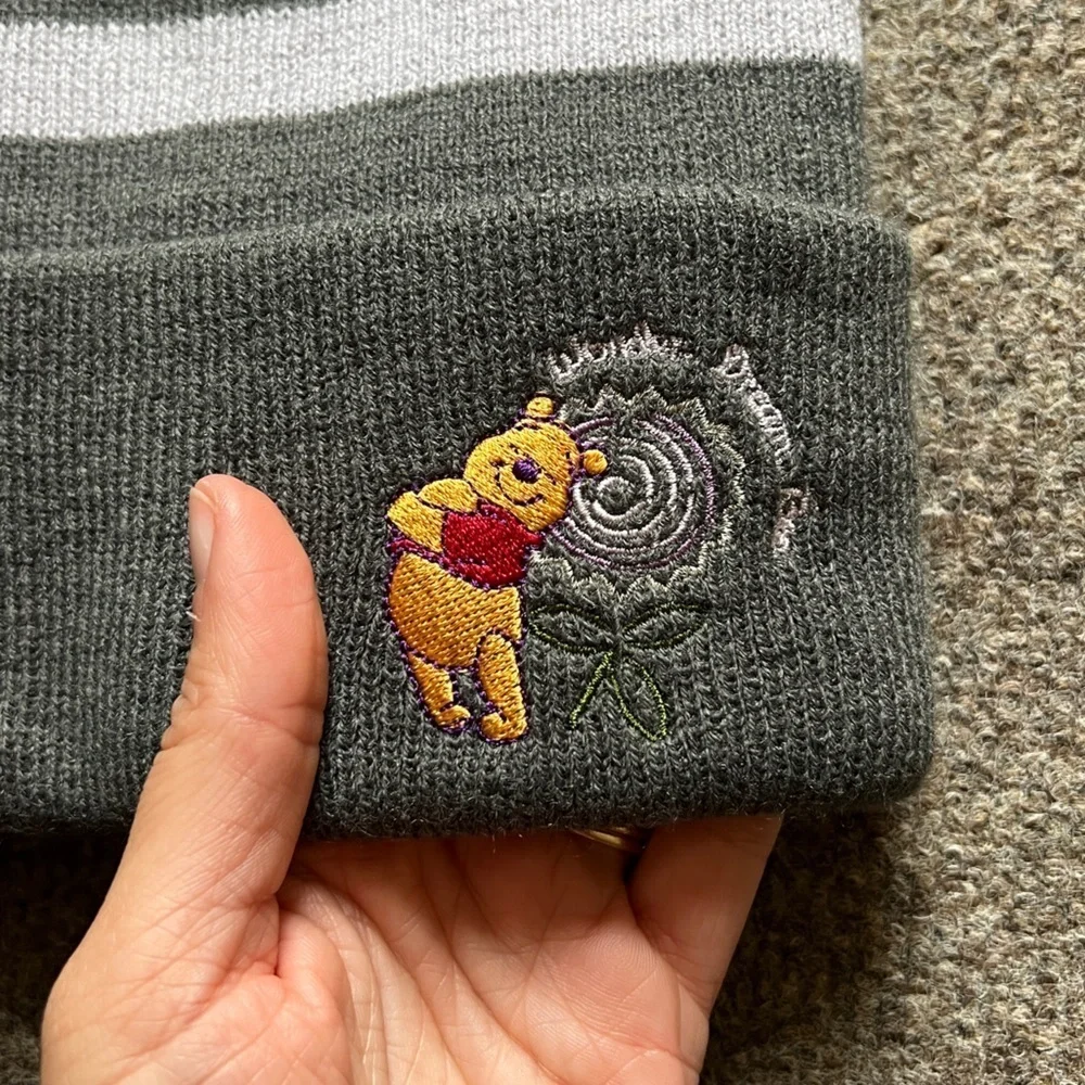 NWT 2000s Vintage Winnie The Pooh Grey Stripe Knit Beanie Embroidered Cuffed Y2K